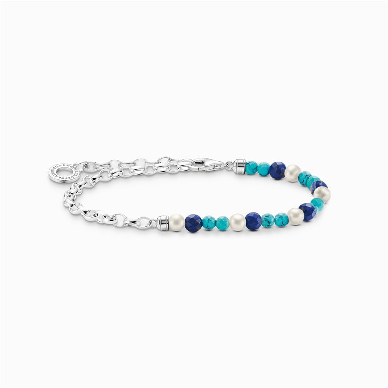 Charm-armband med blå beads, vita pärlor och länkar silver